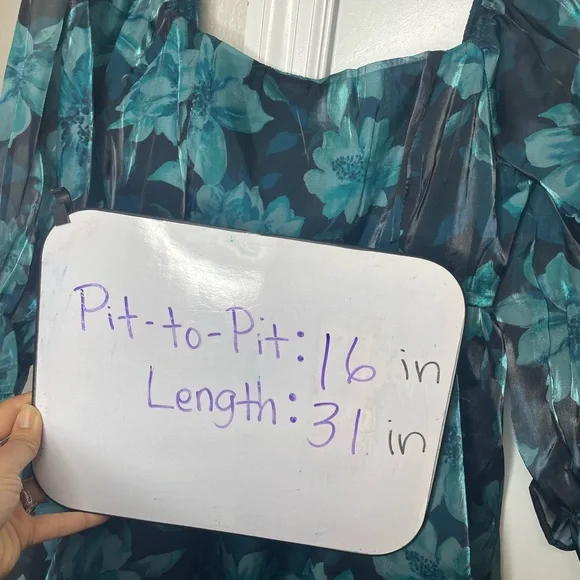 Teal Blue Floral Chiffon Babydoll Dress Square Neck M - Picture 7 of 7